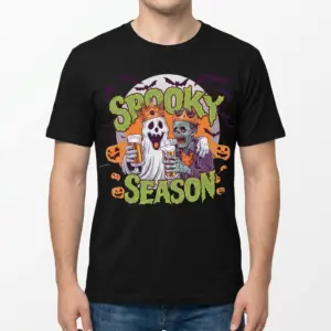 Spooky Season Ghost Zombie Beer Halloween T-Shirt 9 Man wearing a black "Spooky Season" t-shirt featuring a funny Halloween design of a ghost and zombie wearing crowns and drinking beer.