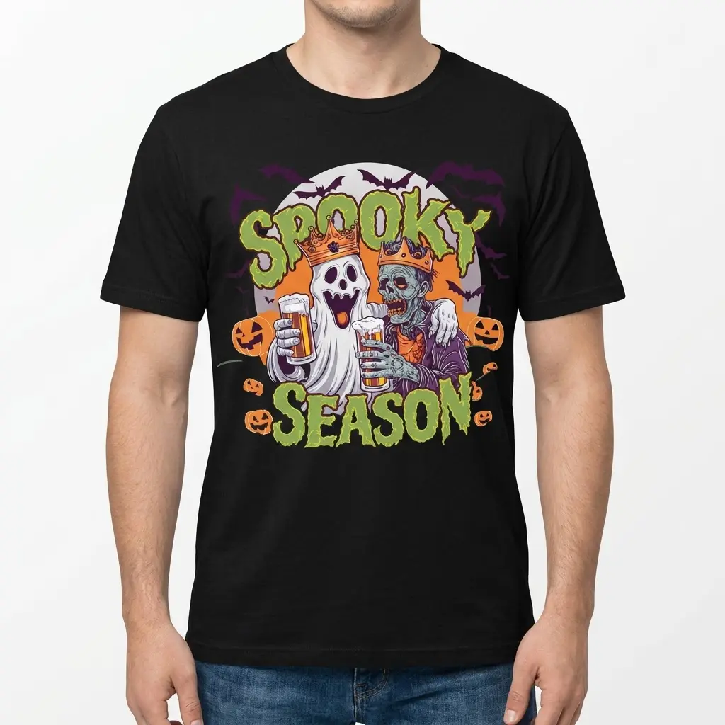 Spooky Season Ghost Zombie Beer Halloween T-Shirt 4 Man wearing a black "Spooky Season" t-shirt featuring a funny Halloween design of a ghost and zombie wearing crowns and drinking beer.