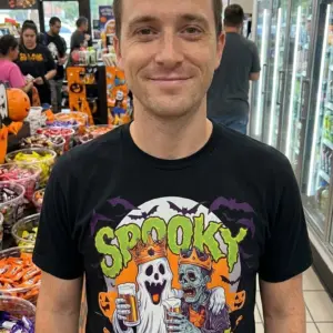 Spooky Season Ghost Zombie Beer Halloween T-Shirt 10 Festive "Spooky Season" Halloween t-shirt design for parties, featuring a ghost and zombie in crowns drinking beer.