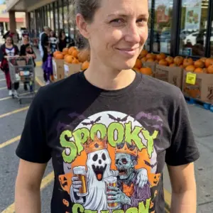 Spooky Season Ghost Zombie Beer Halloween T-Shirt 11 Humorous October drinking t-shirt showcasing a crowned ghost and zombie toasting with beers, celebrating "Spooky Season".