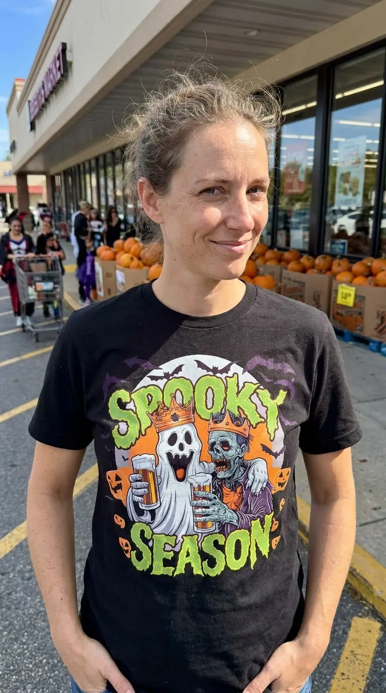 Spooky Season Ghost Zombie Beer Halloween T-Shirt 6 Humorous October drinking t-shirt showcasing a crowned ghost and zombie toasting with beers, celebrating "Spooky Season".