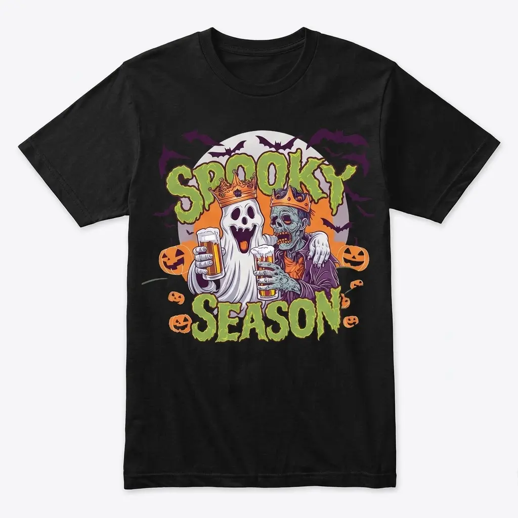 Spooky Season Ghost Zombie Beer Halloween T-Shirt 1 Black t-shirt flatlay with a Halloween design featuring a crowned ghost and zombie drinking beer, surrounded by bats and pumpkins, with "Spooky Season" text.