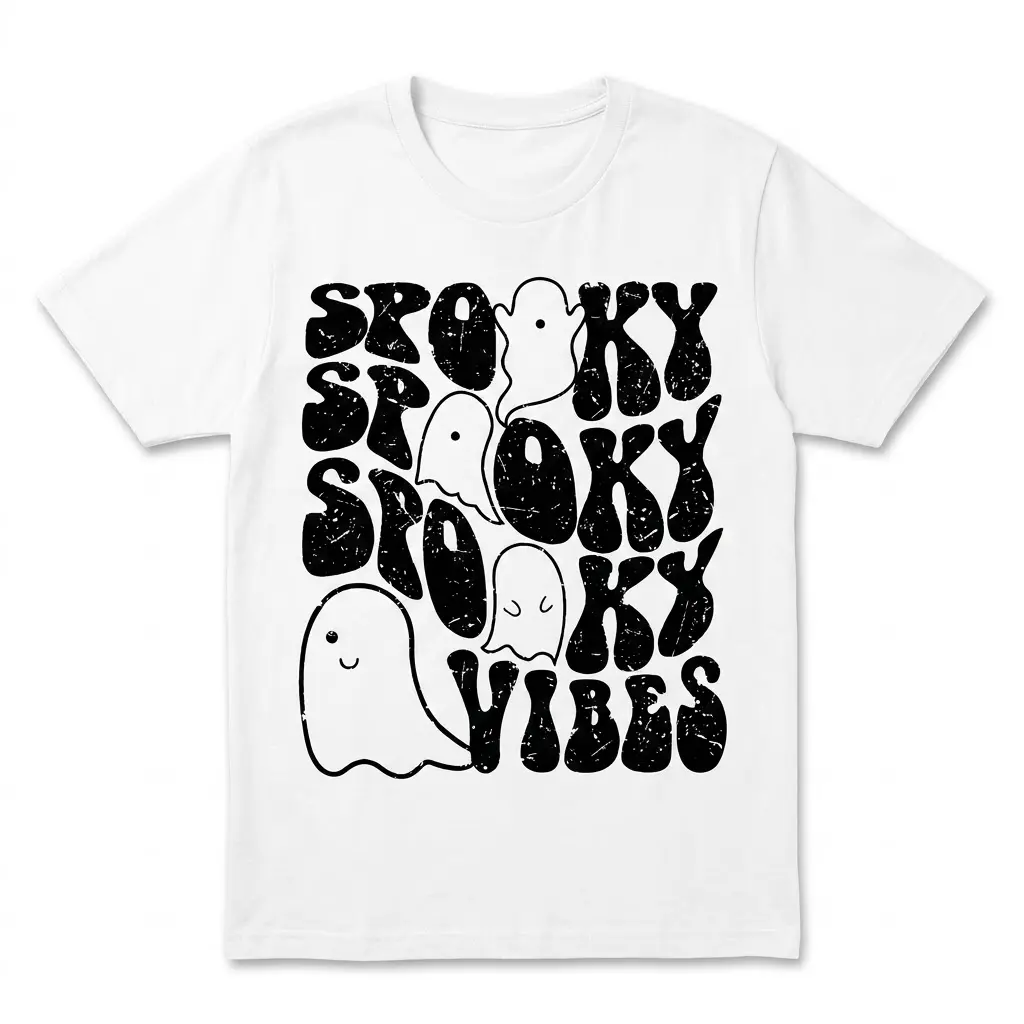 Spooky Vibes Halloween Ghost T-Shirt 1 White t-shirt with a cute ghost and 'Spooky Vibes' design in a playful font.