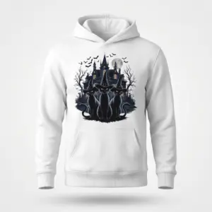 Spooky Witch Cats Haunted House T-Shirt 7 Black hoodie flat lay printed with three witch-hat-wearing black cats and a moonlit haunted house in a spooky gothic style