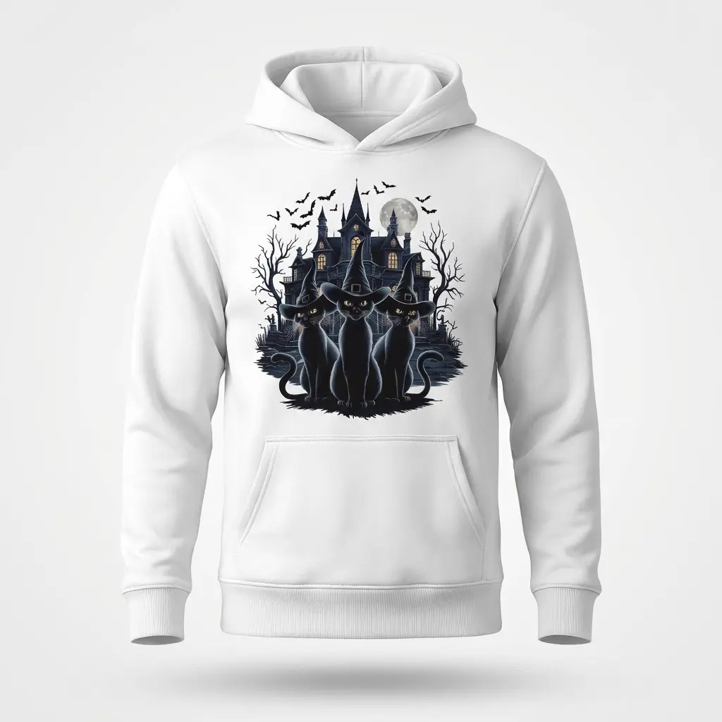 Spooky Witch Cats Haunted House T-Shirt 2 Black hoodie flat lay printed with three witch-hat-wearing black cats and a moonlit haunted house in a spooky gothic style
