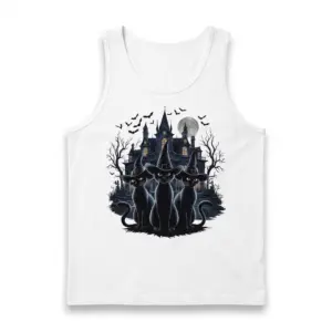 Spooky Witch Cats Haunted House T-Shirt 8 Black tank top flat lay displaying a gothic scene of three black cats in witch hats standing before a haunted house and full moon