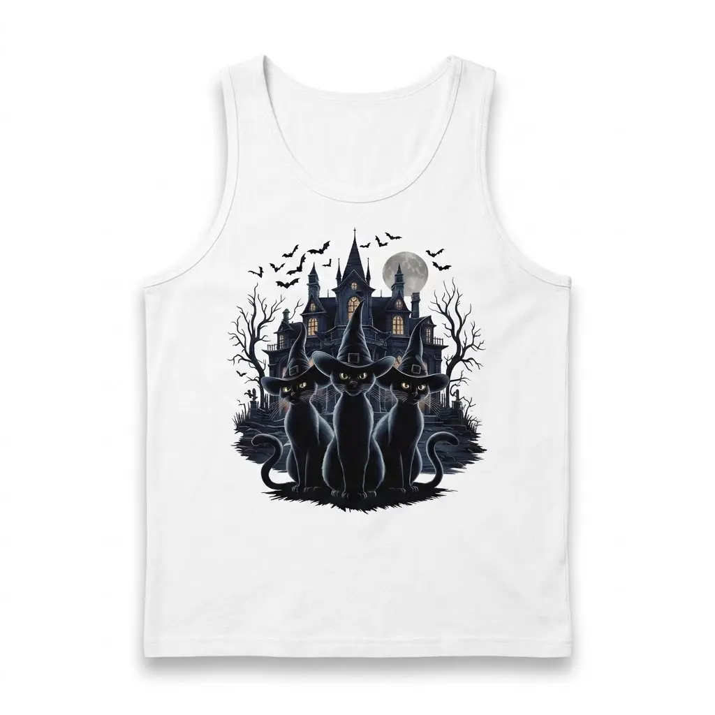 Spooky Witch Cats Haunted House T-Shirt 3 Black tank top flat lay displaying a gothic scene of three black cats in witch hats standing before a haunted house and full moon