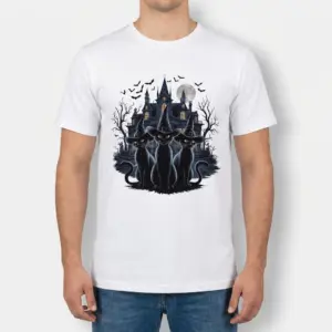 Spooky Witch Cats Haunted House T-Shirt 9 Man wearing a black t-shirt with a gothic illustration of three black cats in witch hats in front of a haunted house under a full moon