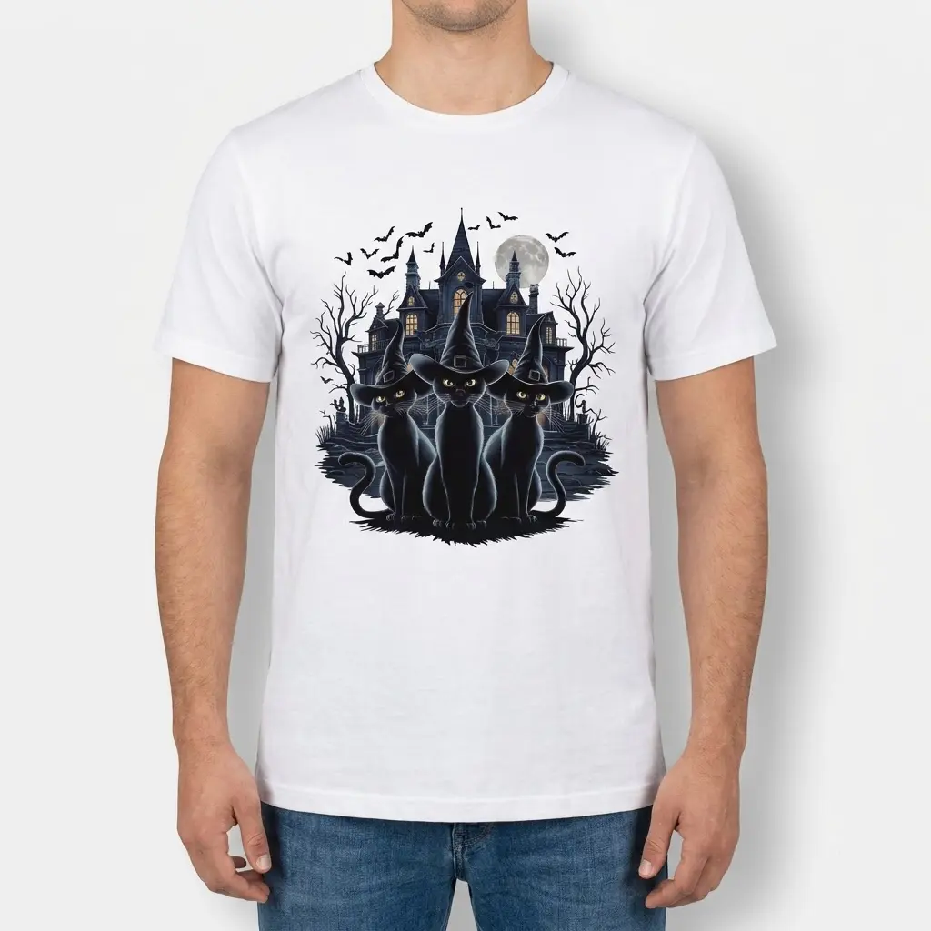Spooky Witch Cats Haunted House T-Shirt 4 Man wearing a black t-shirt with a gothic illustration of three black cats in witch hats in front of a haunted house under a full moon