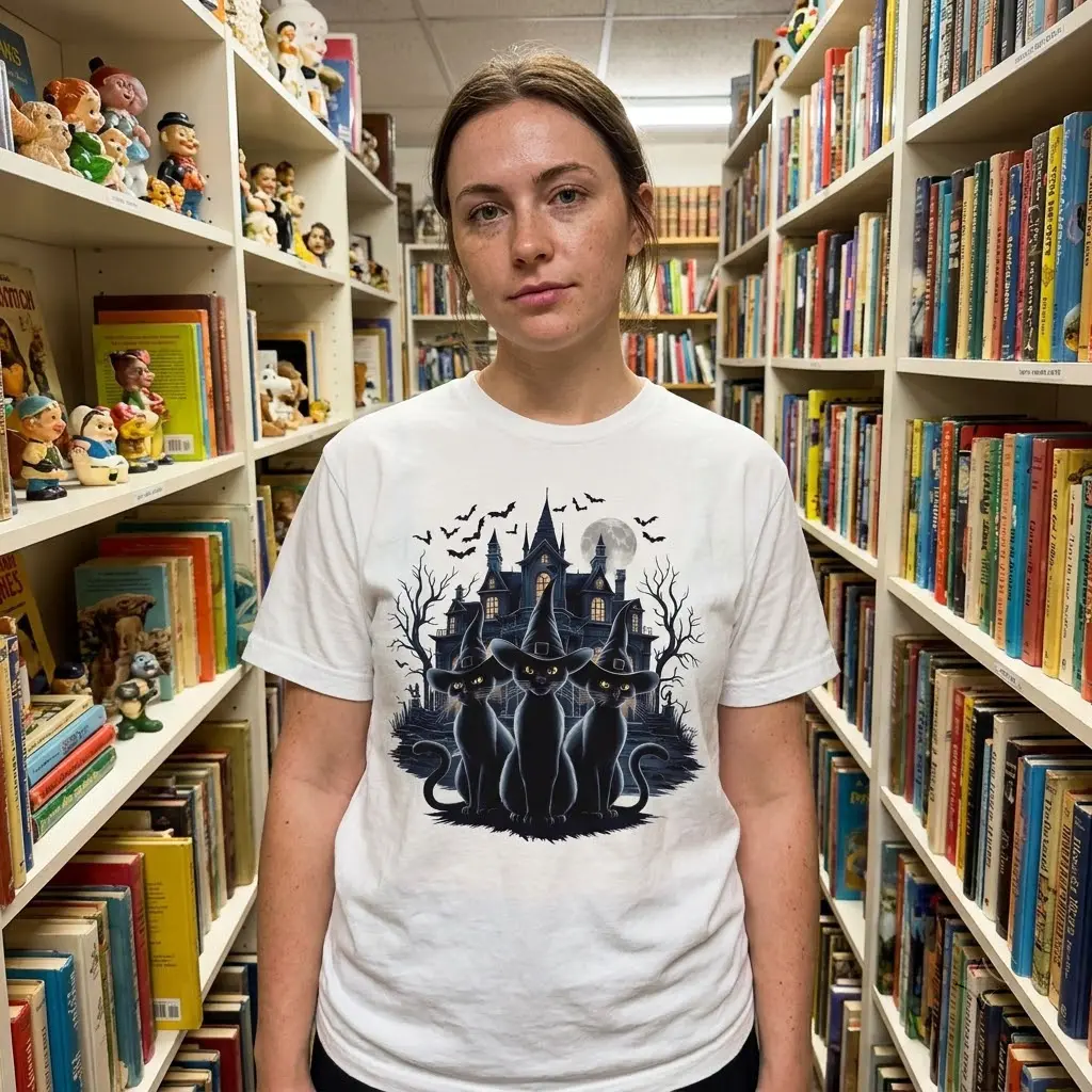 Spooky Witch Cats Haunted House T-Shirt 5 Lifestyle photo featuring the spooky witch cats haunted house graphic tee in an everyday setting