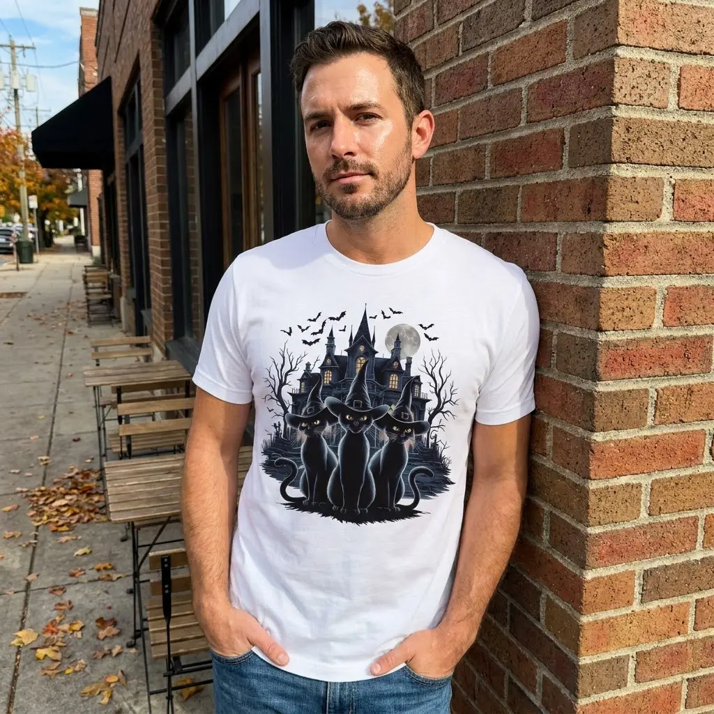 Spooky Witch Cats Haunted House T-Shirt 6 Lifestyle shot showcasing the gothic black cat haunted house shirt styled in a casual environment