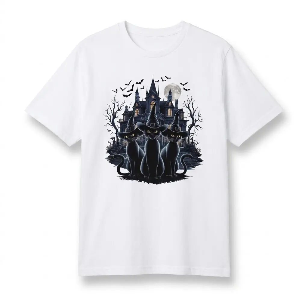 Spooky Witch Cats Haunted House T-Shirt 1 Black t-shirt flat lay featuring a gothic illustration of three black cats in witch hats before a haunted house under a full moon