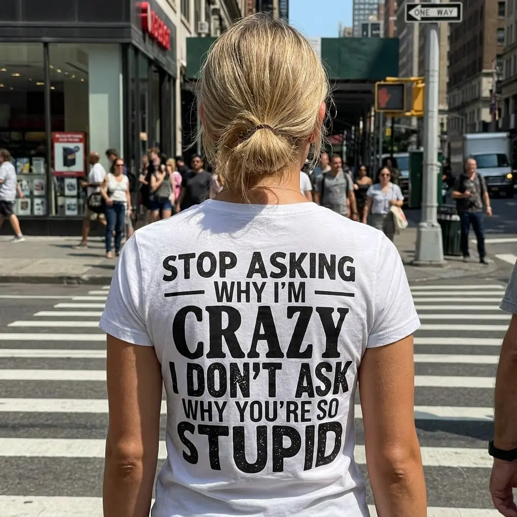 Stop Asking Why I'm Crazy T-Shirt 5 Person casually wearing a white t-shirt with a bold, sarcastic quote in a relaxed setting.