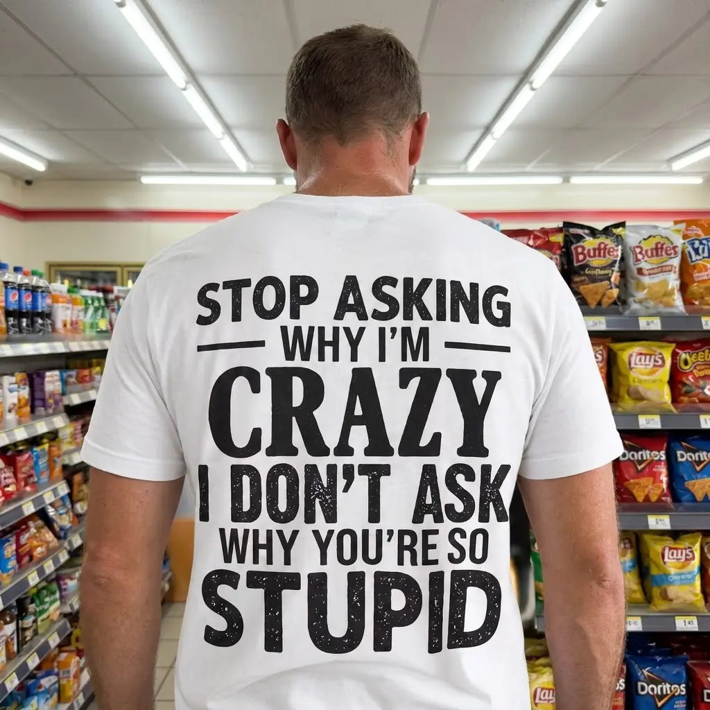 Stop Asking Why I'm Crazy T-Shirt 6 Close-up of a white t-shirt back with a bold, sarcastic quote in an urban environment.
