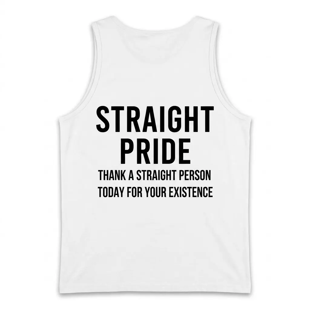 Back flat lay of a tank top printed with the black graphic Straight Pride Thank a Straight Person Today for Your Existence.
