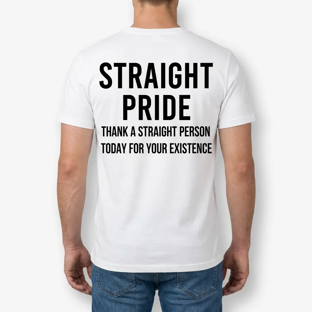 Back view of a man wearing the white Straight Pride statement t-shirt.