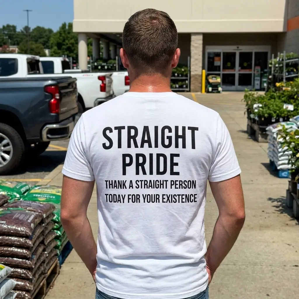 Lifestyle setting showing the back design of the Straight Pride sarcastic statement apparel.