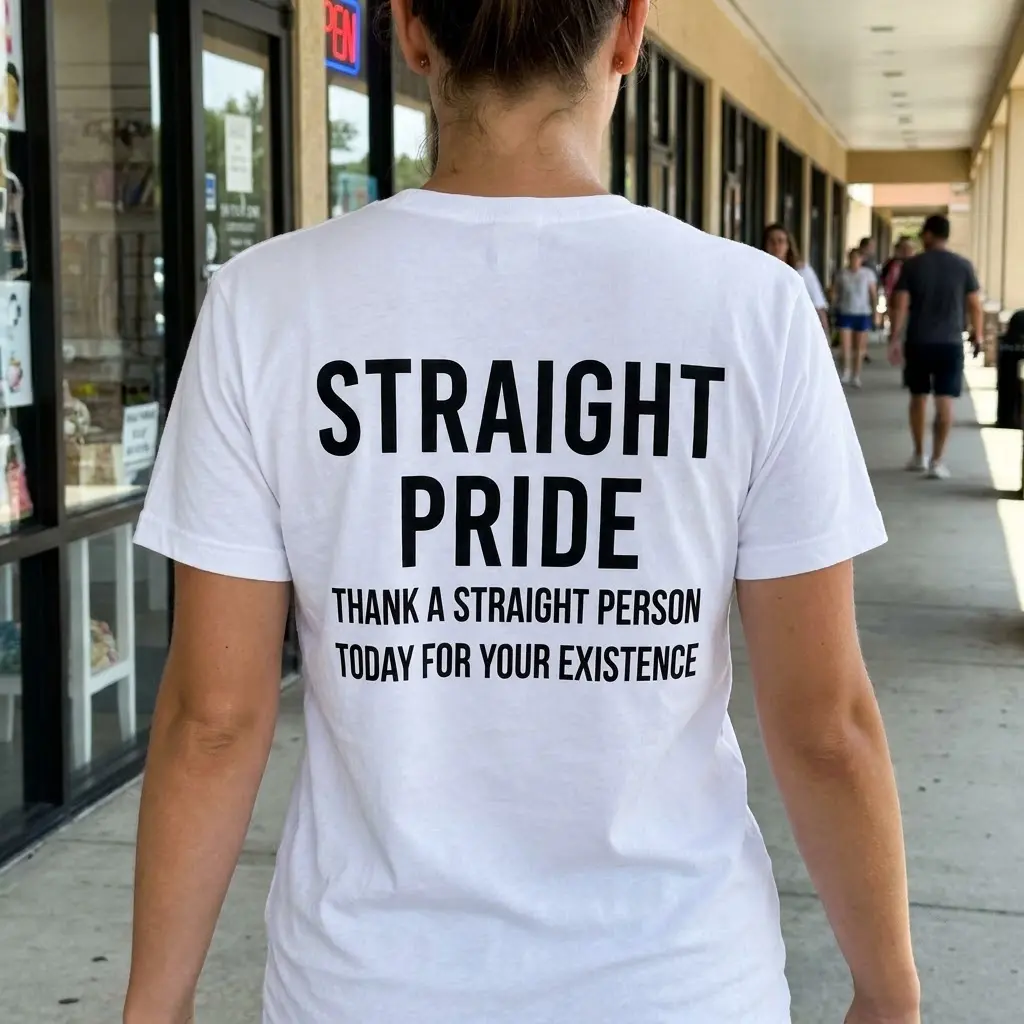 Casual lifestyle view displaying the back print of the Straight Pride graphic shirt.