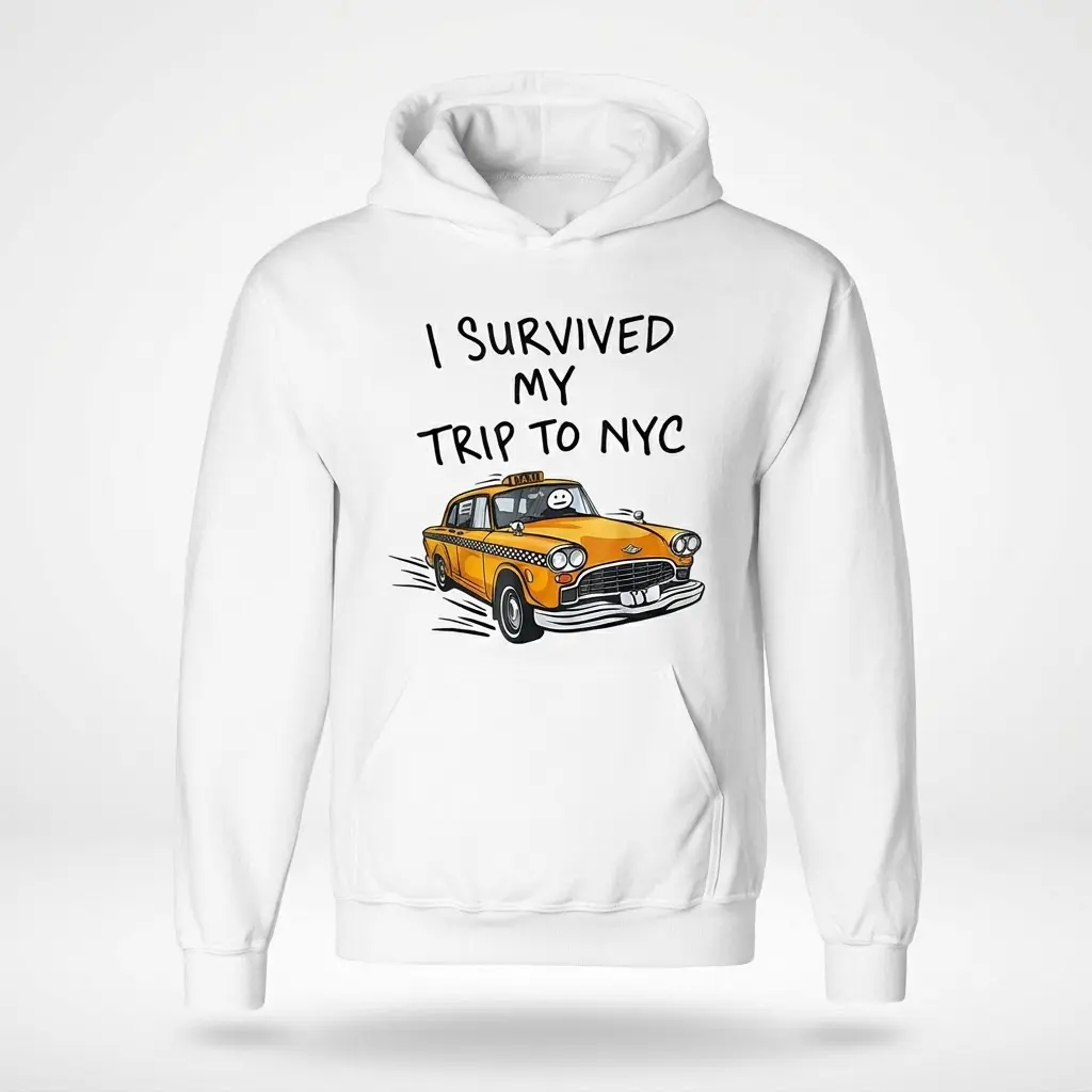 Survived NYC Trip T-Shirt with Taxi Design 2 Front view of a hoodie featuring the 'Survived NYC Trip' taxi design.