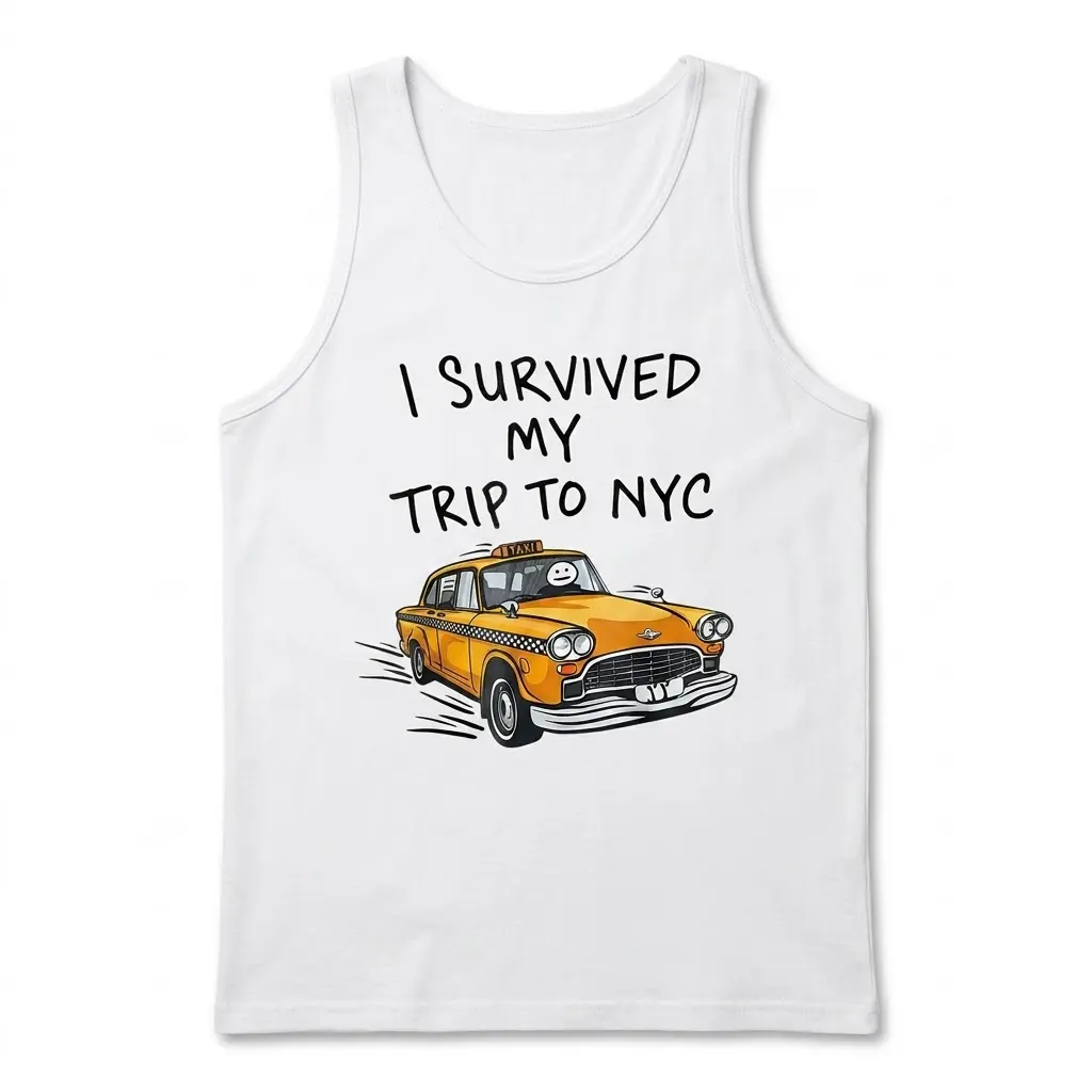 Survived NYC Trip T-Shirt with Taxi Design 3 Front view of a tank top with the 'Survived NYC Trip' taxi design.