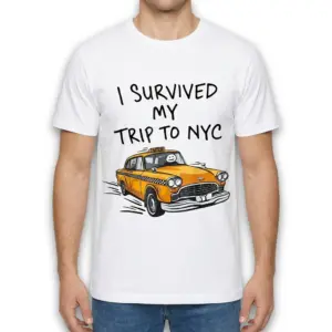 Survived NYC Trip T-Shirt with Taxi Design 9 Person wearing the 'Survived NYC Trip' t-shirt with taxi design.