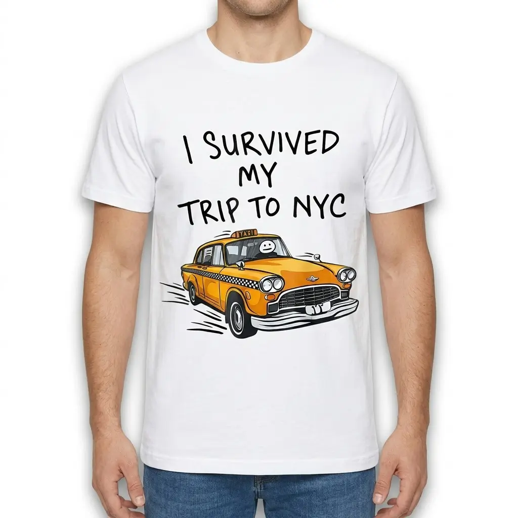 Survived NYC Trip T-Shirt with Taxi Design 4 Person wearing the 'Survived NYC Trip' t-shirt with taxi design.