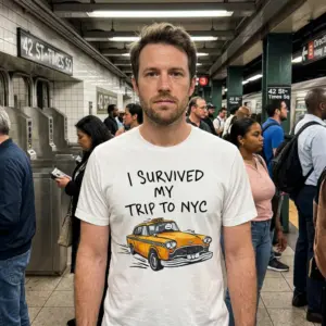 Survived NYC Trip T-Shirt with Taxi Design 10 Lifestyle setting showing the 'Survived NYC Trip' t-shirt.
