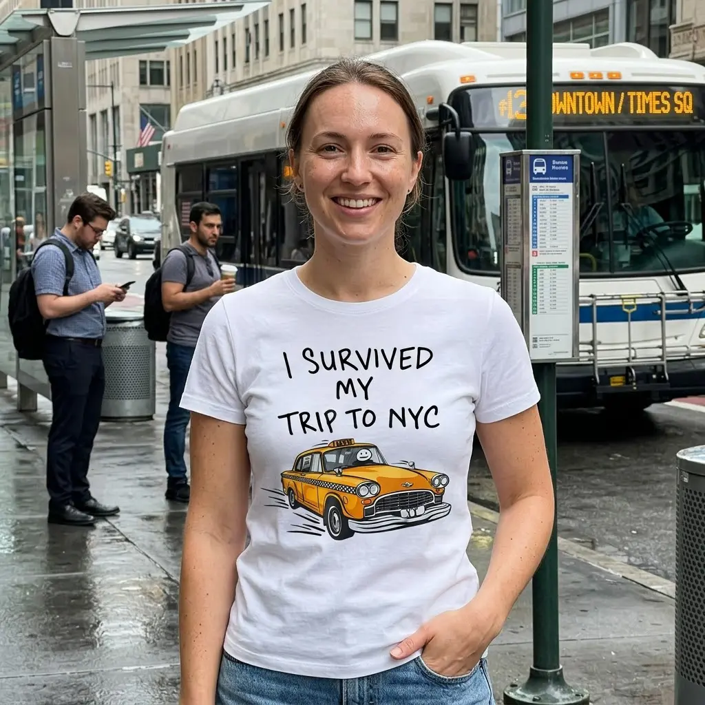 Survived NYC Trip T-Shirt with Taxi Design 6 Casual scene with the 'Survived NYC Trip' t-shirt.