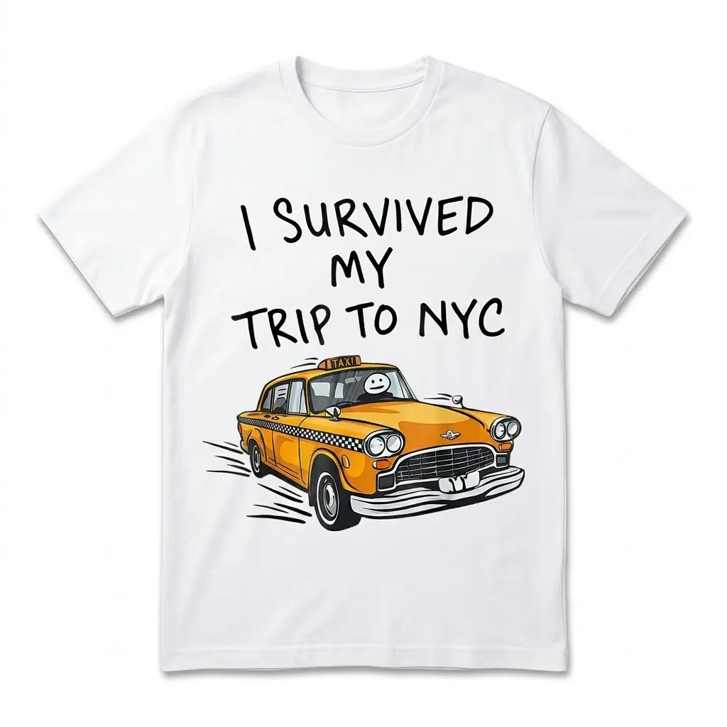 Survived NYC Trip T-Shirt with Taxi Design 1 Front view of the 'Survived NYC Trip' t-shirt with taxi design.