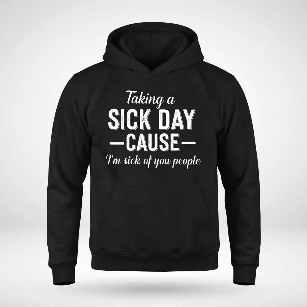 Front flat lay of a black hoodie featuring the sarcastic 'Taking a Sick Day' quote design.