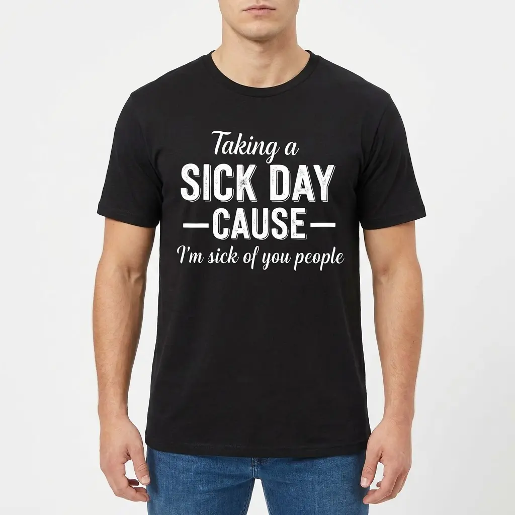 Male model wearing the black graphic t-shirt featuring the humorous 'Taking a Sick Day' quote.