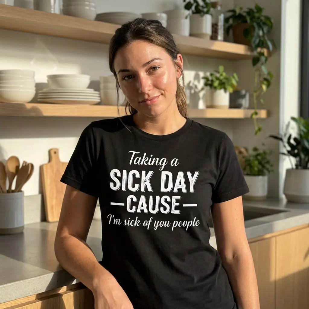 Lifestyle setting showcasing the humorous 'Taking a Sick Day' graphic tee worn casually.