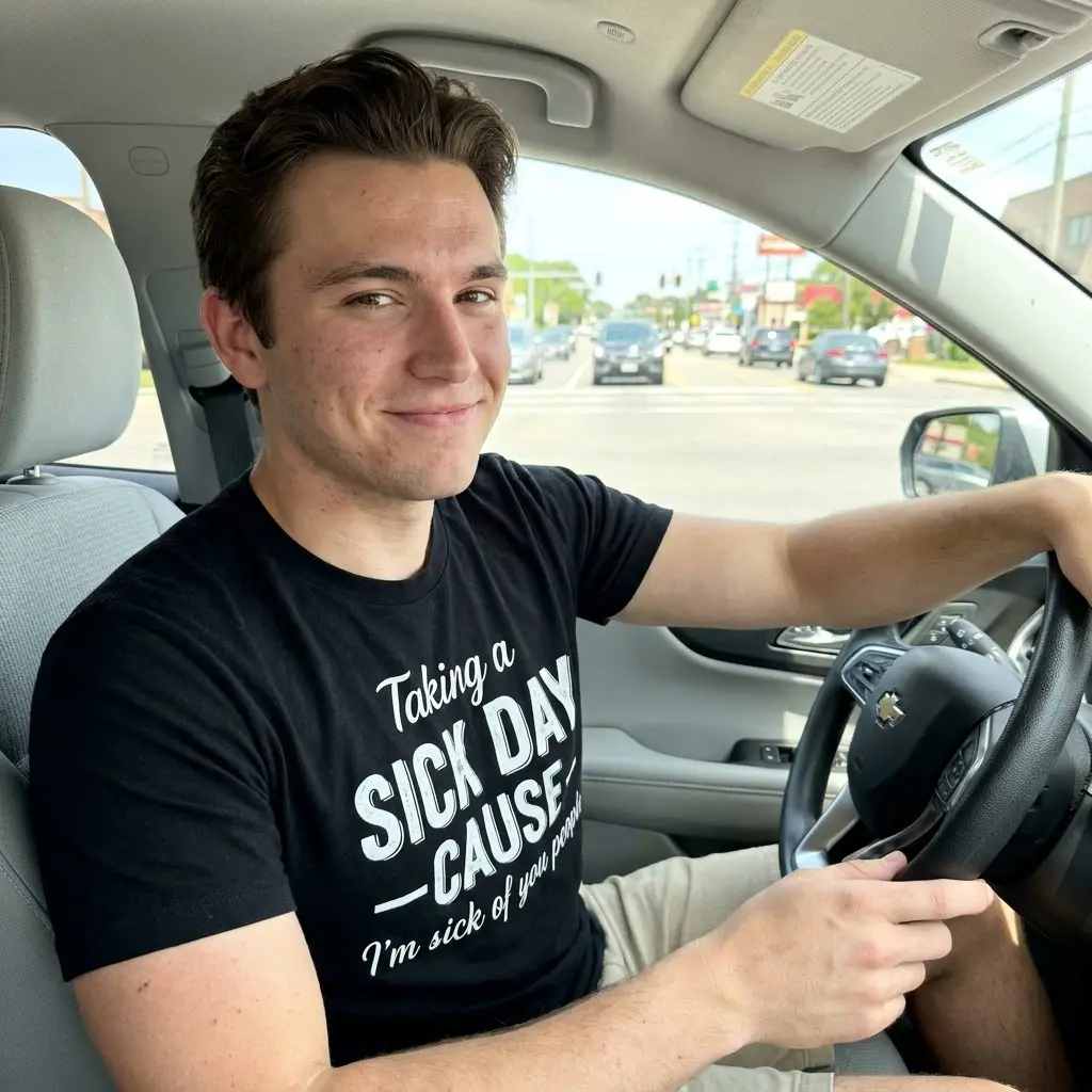 Close-up lifestyle view featuring the witty 'Taking a Sick Day' work humor shirt.