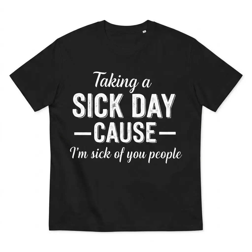 Flat lay of a black t-shirt printed with 'Taking a Sick Day -Cause- I'm sick of you people' in white lettering.