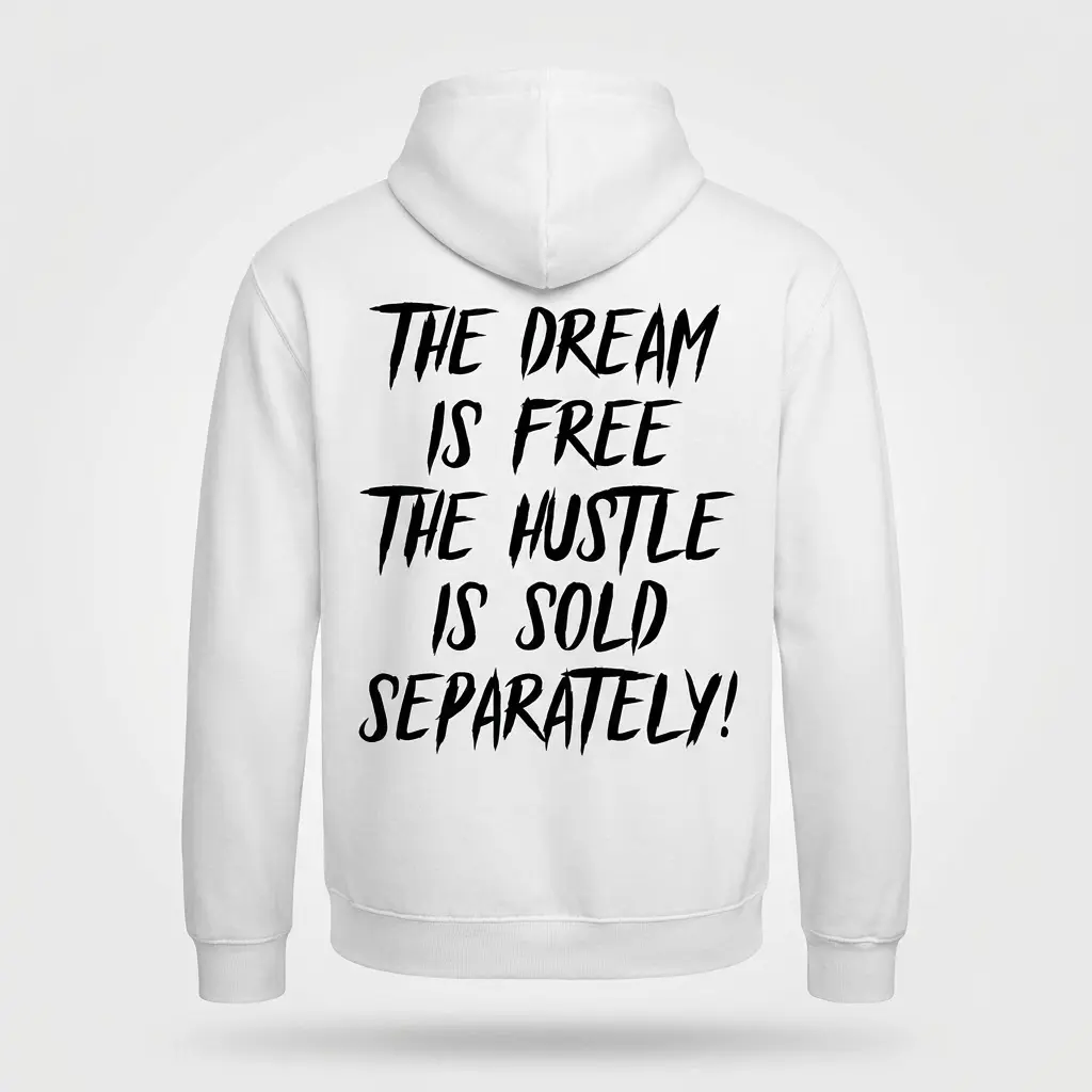 Flat lay of the back of a white hoodie printed with 'THE DREAM IS FREE THE HUSTLE IS SOLD SEPARATELY!' in bold black text.
