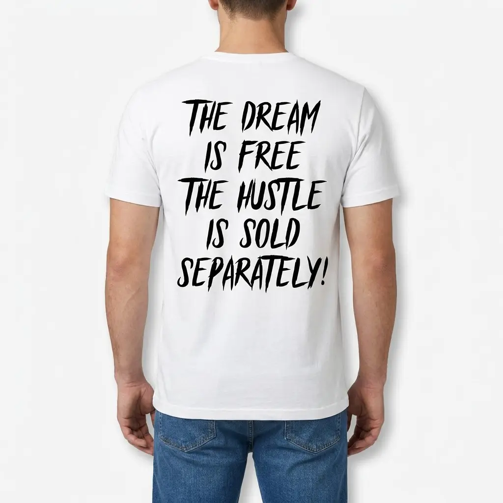 Back view of a man wearing a white t-shirt printed with 'THE DREAM IS FREE THE HUSTLE IS SOLD SEPARATELY!' in black lettering.