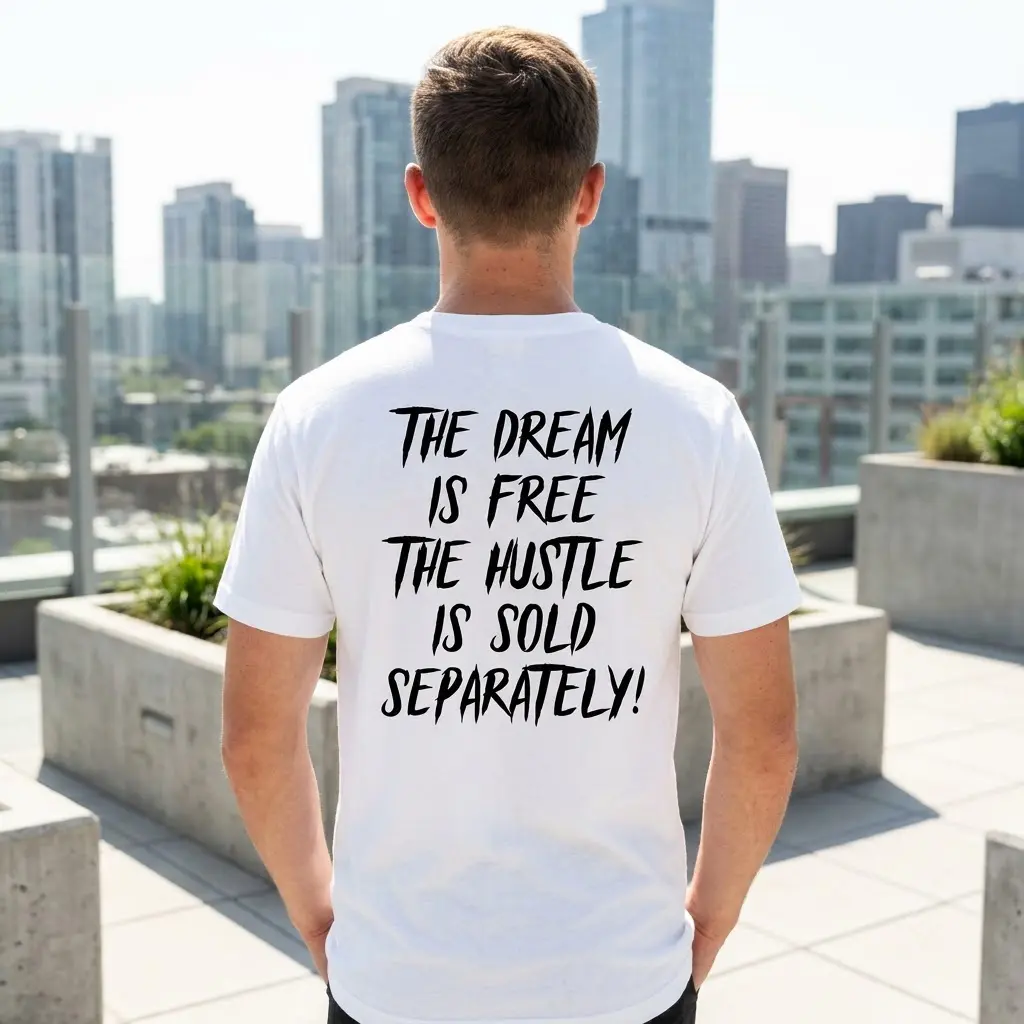 White motivational t-shirt with black text reading 'THE DREAM IS FREE THE HUSTLE IS SOLD SEPARATELY!' displayed in a lifestyle setting.