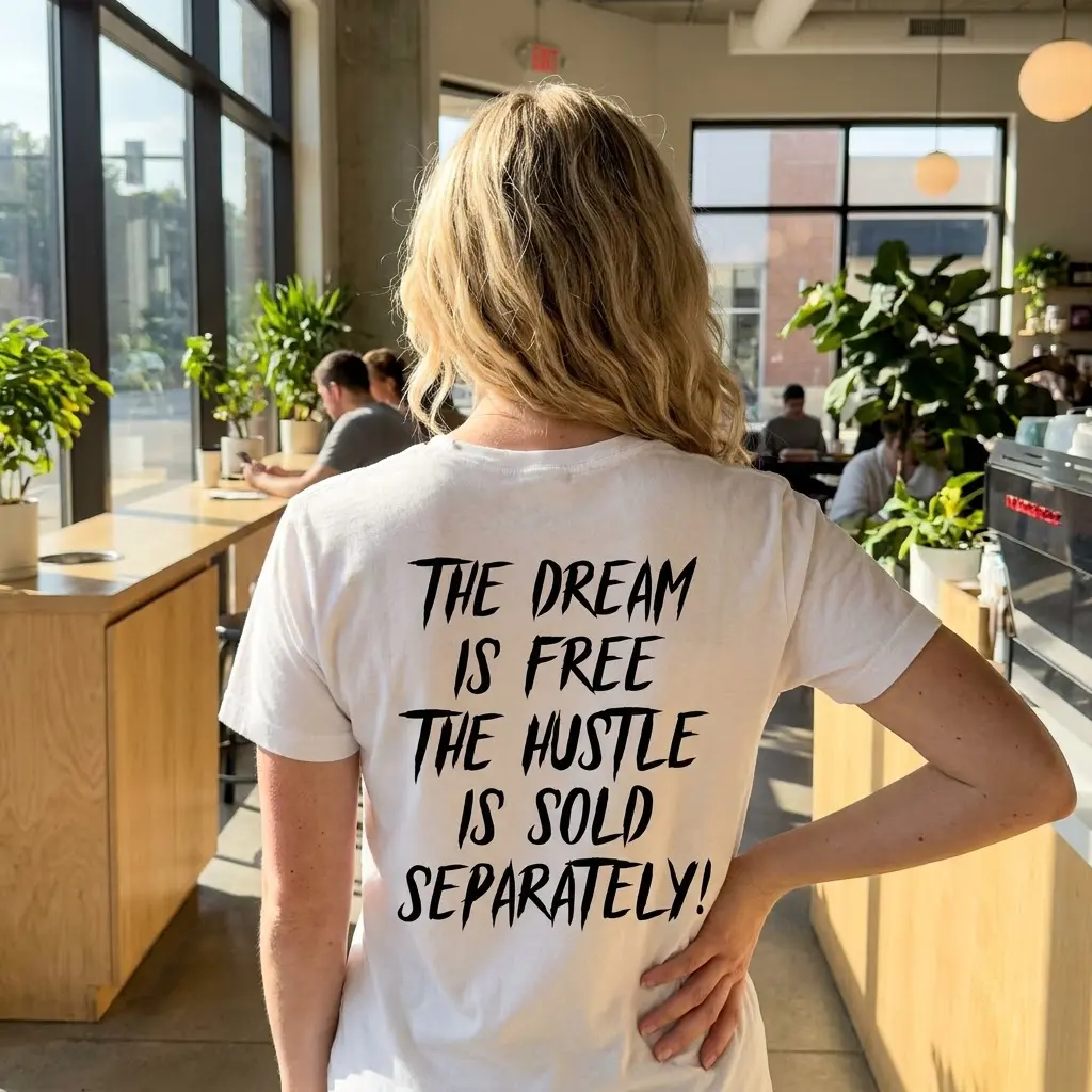 Lifestyle view highlighting the back graphic reading 'THE DREAM IS FREE THE HUSTLE IS SOLD SEPARATELY!' on a white shirt.