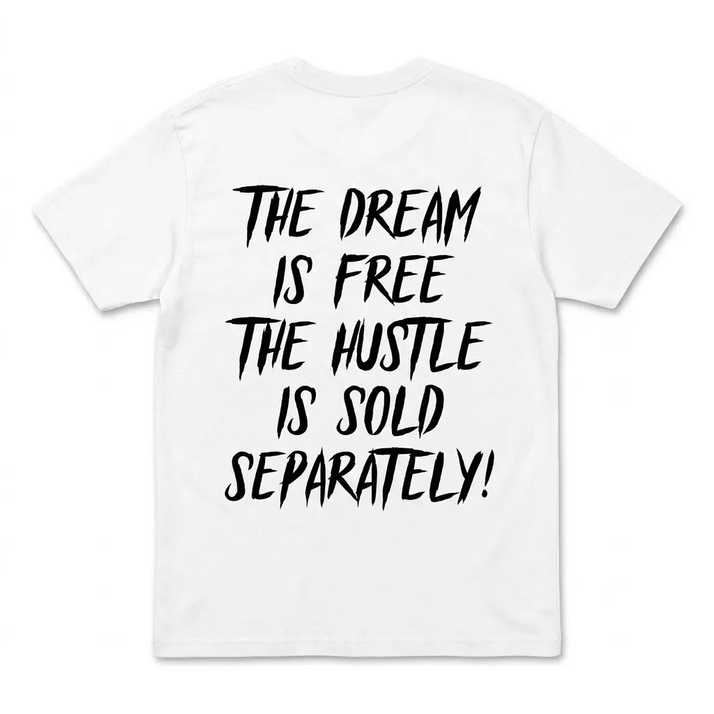 Back view of a white t-shirt featuring the text 'THE DREAM IS FREE THE HUSTLE IS SOLD SEPARATELY!' in black brush lettering.