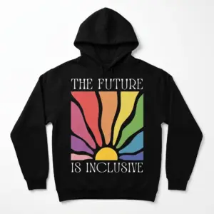 The Future Is Inclusive T-Shirt 7 Black T-shirt featuring colorful sunburst with inclusivity message.