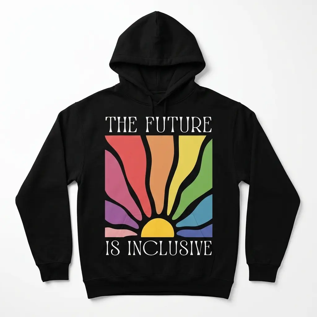 Black T-shirt featuring colorful sunburst with inclusivity message.