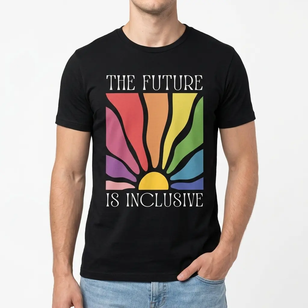 T-shirt in black with rainbow design and inclusivity slogan.