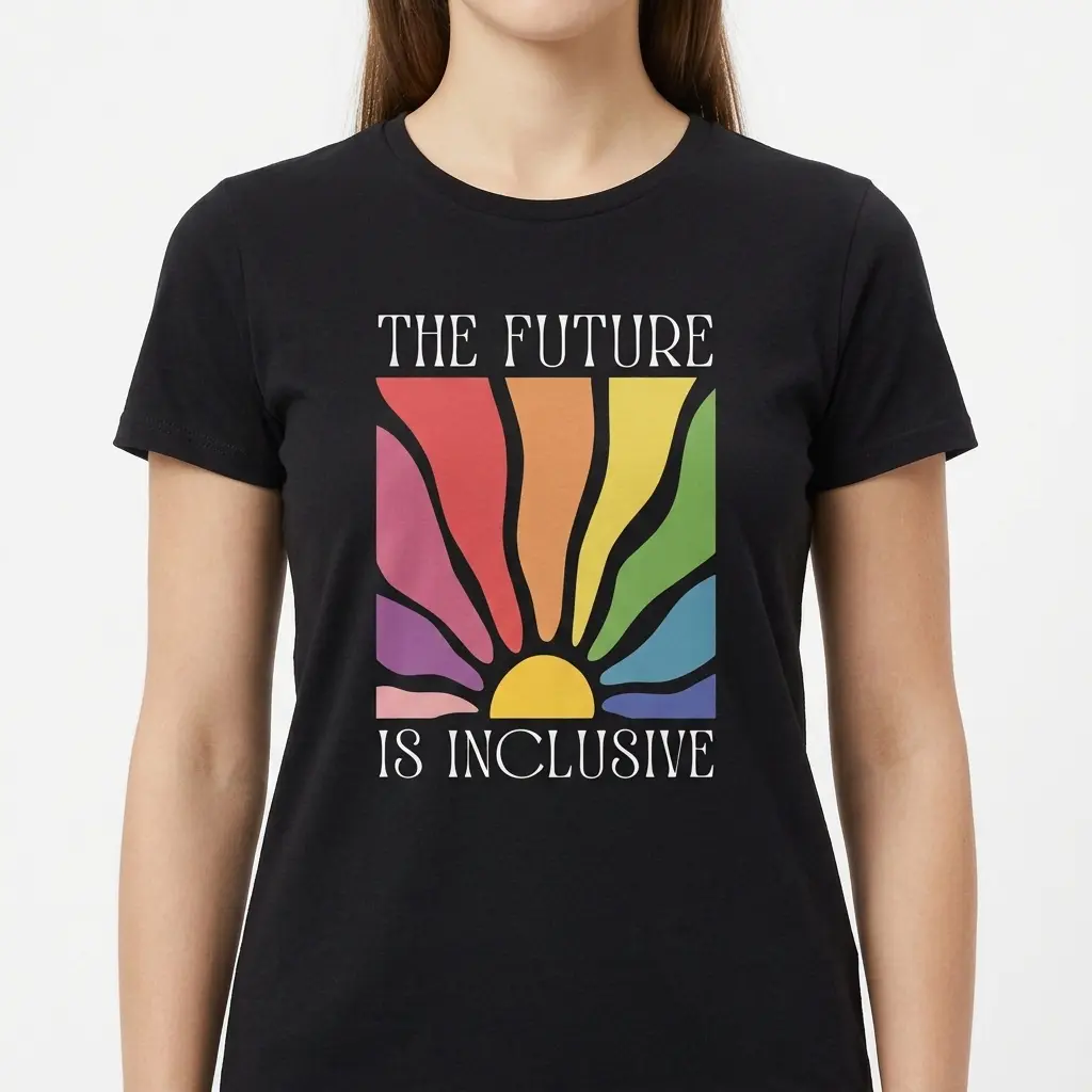 Black shirt displaying vibrant rainbow burst and inclusivity phrase.