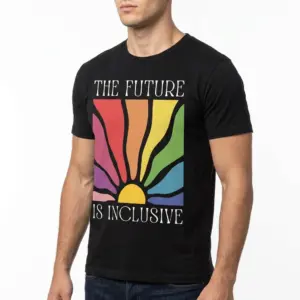 The Future Is Inclusive T-Shirt 10 Inclusive T-shirt in black with multicolor sunburst design.