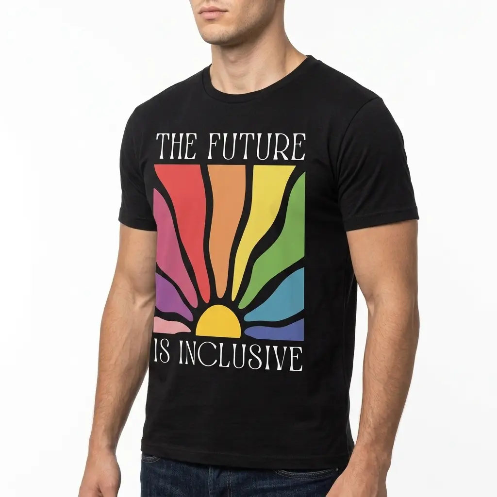 Inclusive T-shirt in black with multicolor sunburst design.