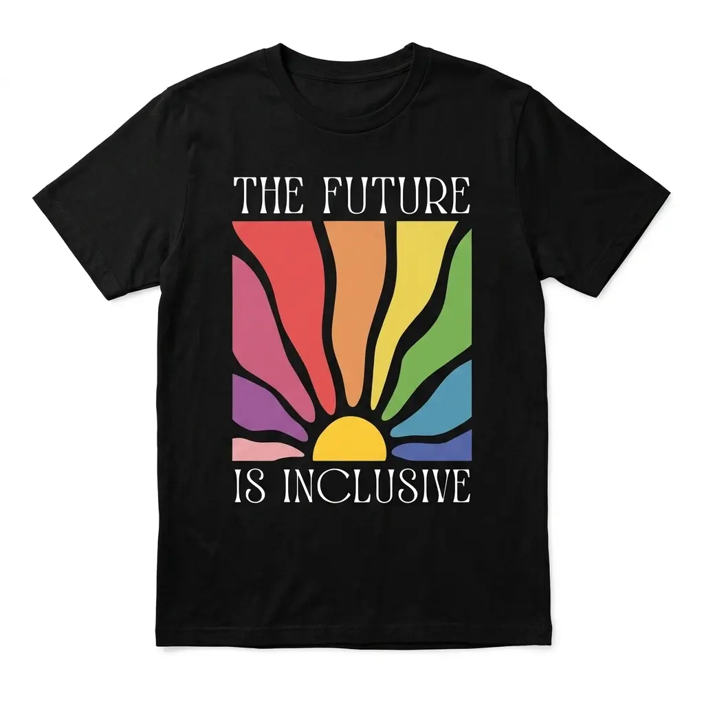 Black T-shirt with rainbow sunburst and 'The Future Is Inclusive' text.