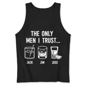 Front flatlay of a black tank top with The Only Men I Trust whiskey and tequila drink illustrations.