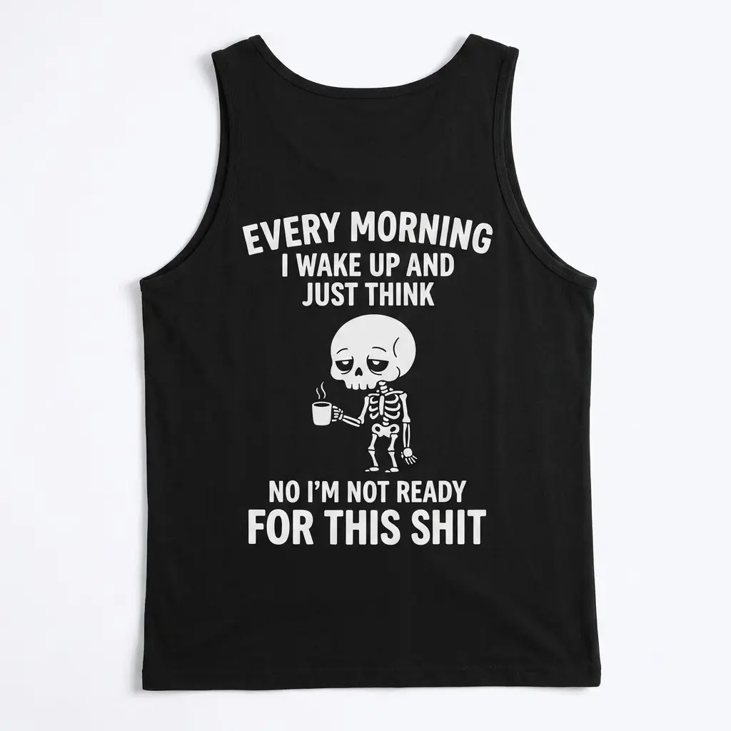 Back of a black tank top showing a sleepy skeleton holding a steaming coffee cup with humorous morning quotes.