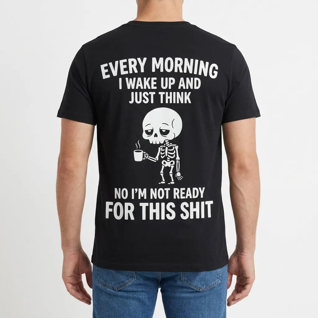Male model wearing the black tired skeleton morning humor t-shirt, viewed from the back.