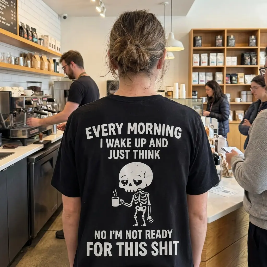 Lifestyle setting highlighting the funny tired skeleton with coffee graphic on the back of a black shirt.